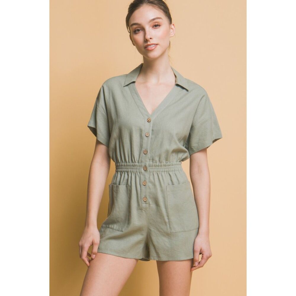 ZARA LINEN BLEND SHIRT STYLE SHORT JUMPSUIT - Picture 1 of 6
